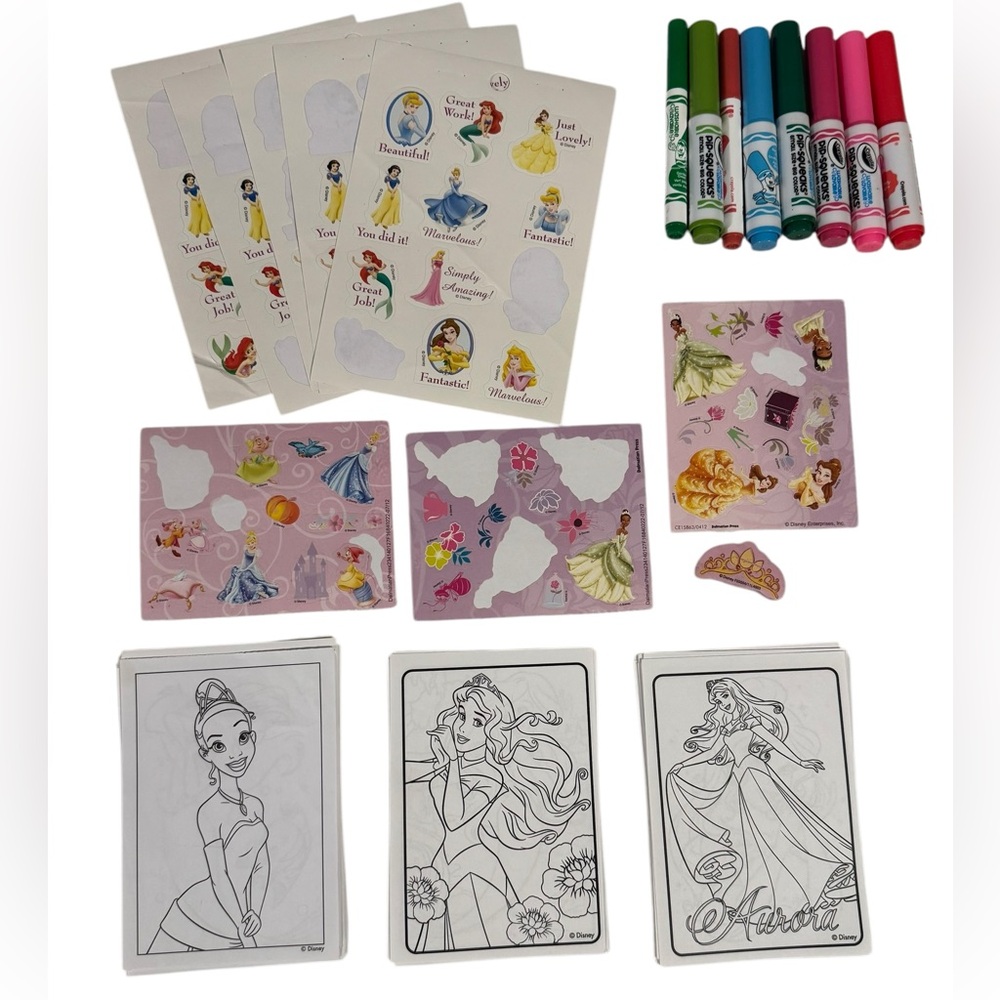 Disney Princess art bundle 67 stickers 50 coloring pgs 8 markers & crown eraser